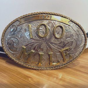 Vintage Montana Silversmiths 1976 Oval Metal Buckle - 100 Mile  (German Silver)